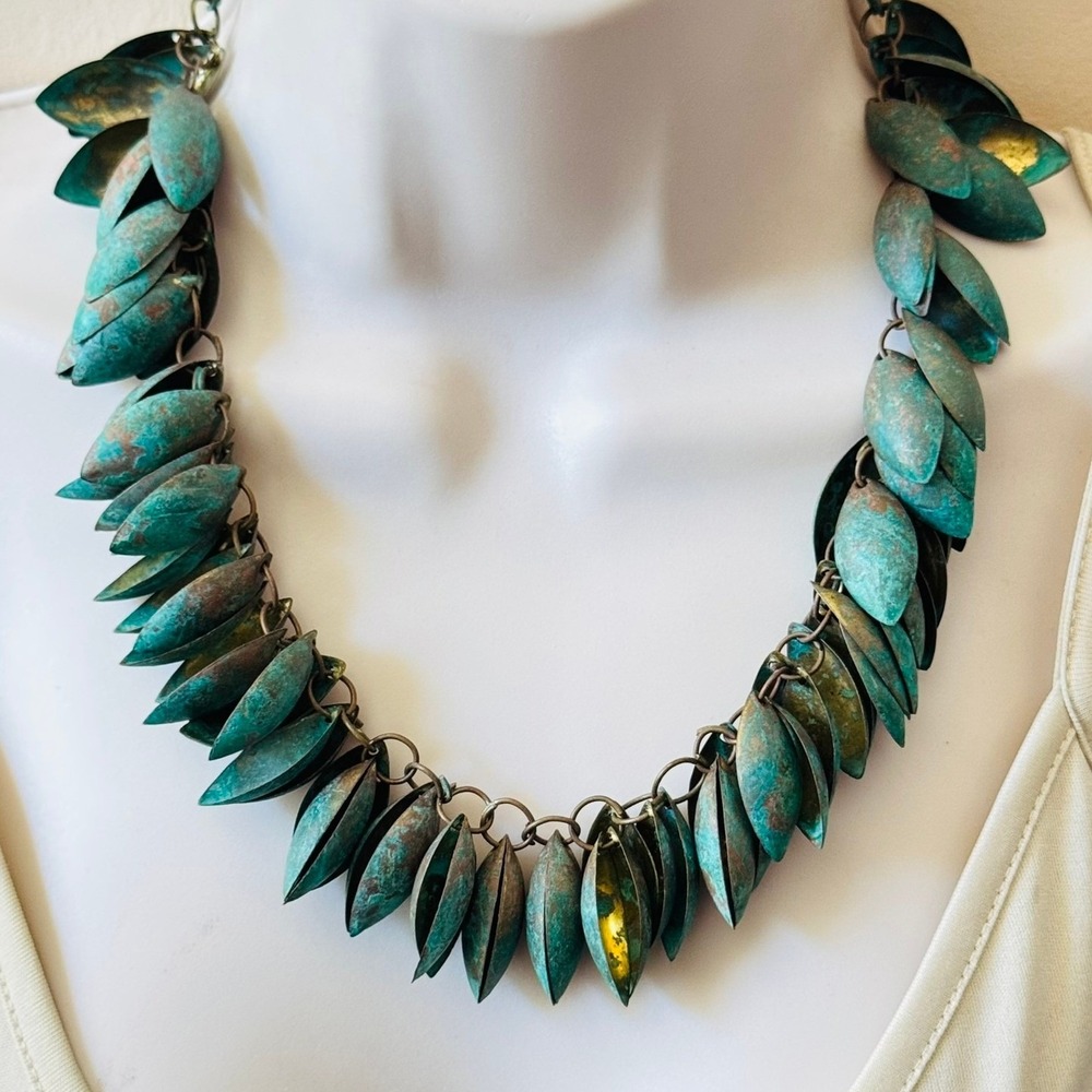 VTG‎ Boho Fringe Necklace Brass Sculptural Teal Blue Patina Statement Chunky 70s